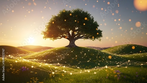 Un árbol se alza sobre un paisaje exuberante, conectado por líneas brillantes, que simbolizan la naturaleza y la tecnología.