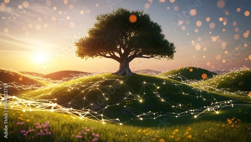 Un árbol se alza sobre un paisaje exuberante, conectado por líneas brillantes, que simbolizan la naturaleza y la tecnología.