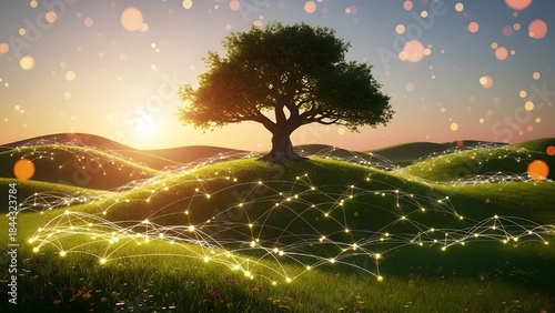 Un árbol se alza sobre un paisaje exuberante, conectado por líneas brillantes, que simbolizan la naturaleza y la tecnología.