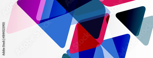 Abstract geometric shapes overlap, creating vibrant color blends. Pink, blue, red hues dominate white background. Modern design elements present.