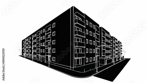 Modern Apartment Building Facade Architectural Outline.