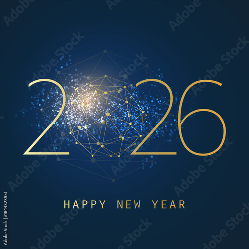 Golden and Dark Blue Modern Style Happy New Year Greeting Card, Creative Vector Design Template with Polygonal Globe on Glittering Background - 2026