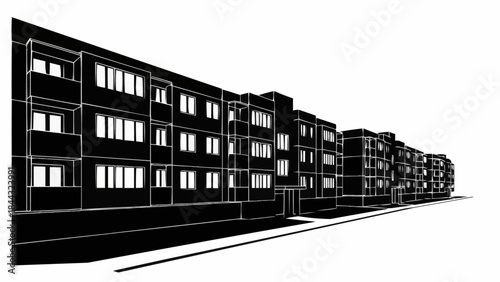 Modern Apartment Buildings Facade Row Black and White Illustration.
