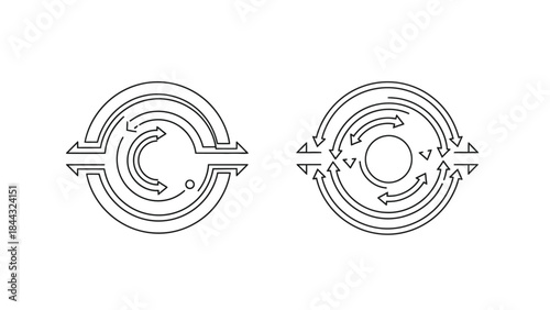 Minimalist black and white line art icons depicting two distinct circular flow diagrams representing process and exchange concepts