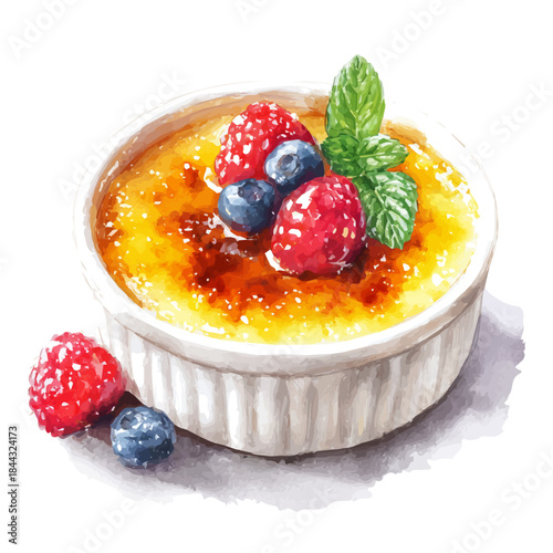 Creme Brulee in watercolor style, vector illustration, isolated on white background.