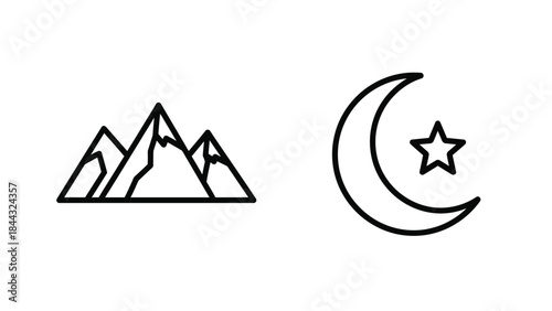 Simple black line art icons depicting rugged mountain peaks alongside a crescent moon and star symbol for spiritual or travel themes