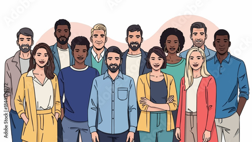 Diverse group of people standing together in a friendly manner.