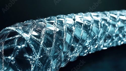 A close up view of shimmering silver and deep indigo woven threads forming an intricate abstract pattern with reflective qualities