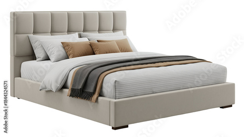 A modern upholstered bed with a beige fabric headboard and soft neutral bedding
