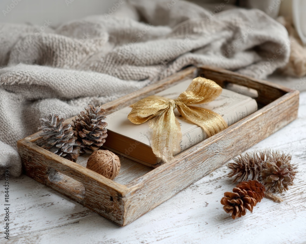 Obraz premium Rustic wooden tray with gold ribbon and pine cones, neutral palette