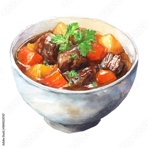 Watercolor painting of Beef Stew, vector illustration, isolated on white background.