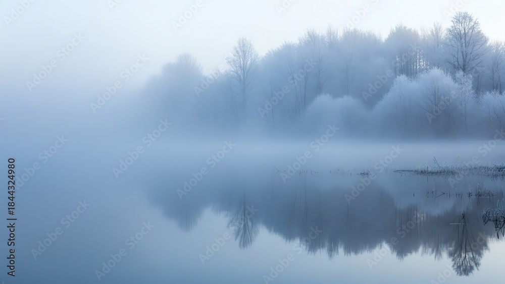 Fototapeta premium Frozen trees reflecting in misty lake