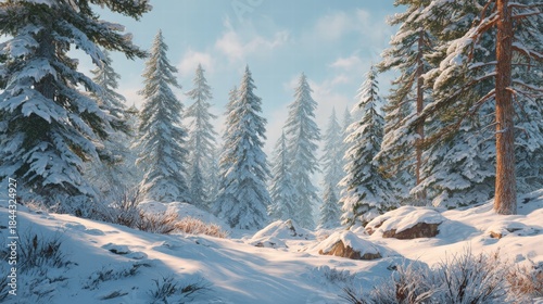 Snow-covered pine forest under a pale blue winter sky, soft sunlight filtering through trees, ultra-realistic landscape