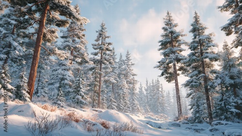 Snow-covered pine forest under a pale blue winter sky, soft sunlight filtering through trees, ultra-realistic landscape