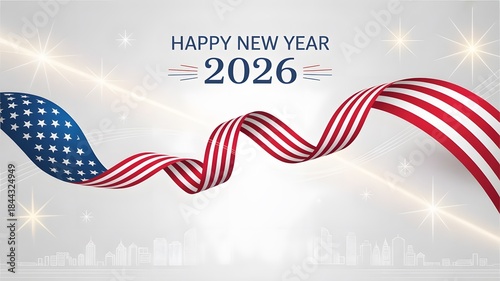 Happy New Year 2026 American Flag Ribbon Background with Patriotic USA Theme on White