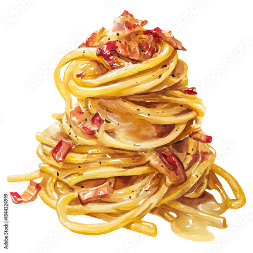 Spaghetti Carbonara in watercolor painting style, vector illustration on white background.