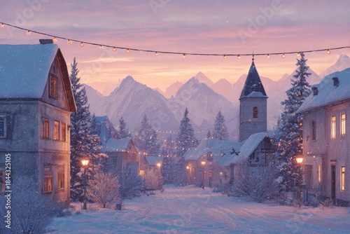 Snowy village scene silhouette with Christmas lights, twilight atmosphere, ultra-realistic landscape