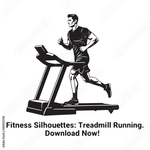 Dynamic black and white illustration of a man performing a cardio workout on a treadmill isolated on white background, Vector