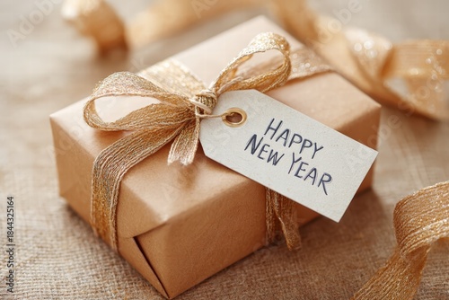 Studio shot of a wrapped gift box with a 'Happy New Year' tag, metallic ribbon, subtle reflections, crisp textures
