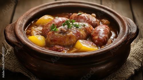 Fototapeta Naklejka Na Ścianę i Meble -  A close up of Feijoada a Brazilian sausage stew in a clay pot