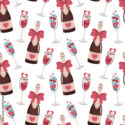 Seamless Pattern With Champagne Bottle, Flutes And Hearts In Flat Style. Celebratory Valentine's Day Texture For Fabric, Background, Packaging, Wallpaper And Surface Design. Bubbly Romance Concept.