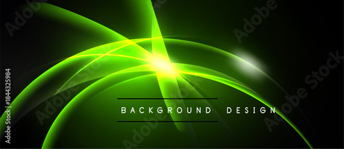 Bright green neon lines curve across dark background. Central glow creates dynamic visual effect. Text reads background design.