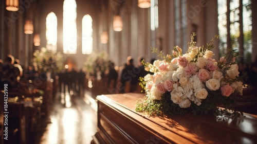Funeral service in a church with flowers arranged on a wooden coffin.