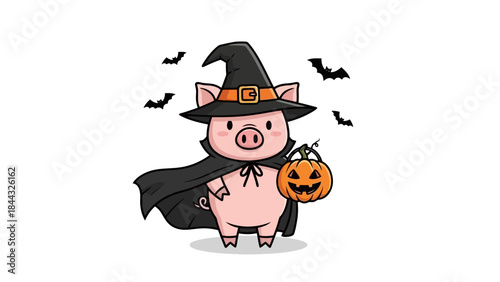 Cute Pig Witch Holding Pumpkin with Bats for Halloween Celebration