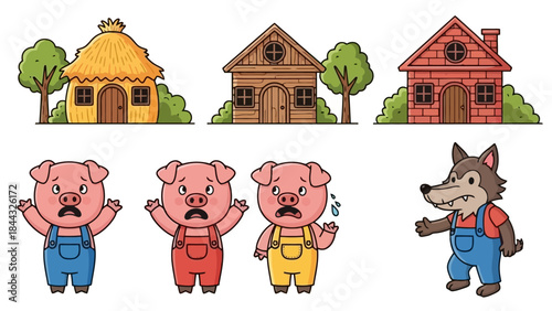 Three Pigs and Wolf Houses Vector Illustration for Children's Storytelling and Education