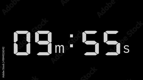 Digital Countdown Timer from 10 to 9 Minutes on Black Background – 1-Minute Interval Clock Animation for Productivity, Presentations, and Visual Projects