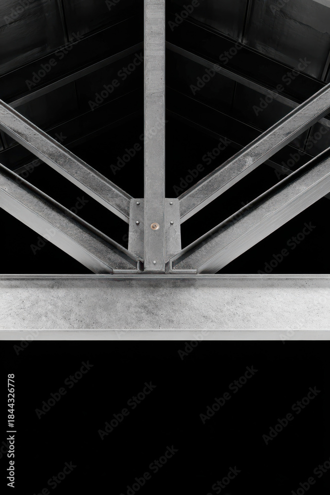 Fototapeta premium Interior metal structure with cross-shaped black steel beams and mesh panels illuminated by spotlights