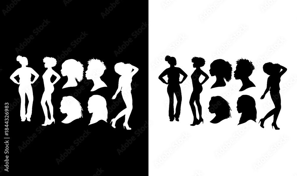 Obraz premium African women black silhouette, black women silhouettes set, women silhouette, black, women, design, art, symbol, illustration, vector, flat design of black women, group, silhouette, woman, 