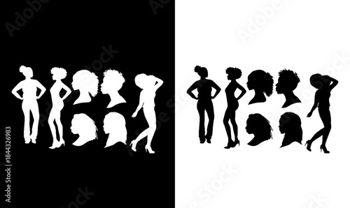 African women black silhouette, black women silhouettes set, women silhouette, black, women, design, art, symbol, illustration, vector, flat design of black women, group, silhouette, woman, 