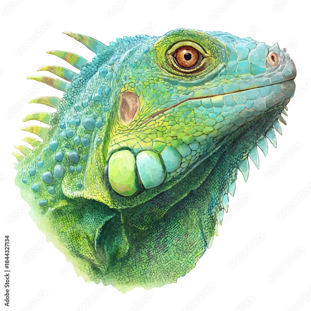 Fototapeta premium Iguana Head, watercolor painting, vector illustration, isolated on a white background.