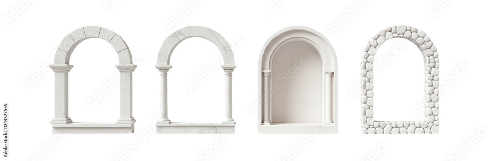Obraz premium Collection of ancient architectural arches in white stone and marble isolated on a black background. 3D render.