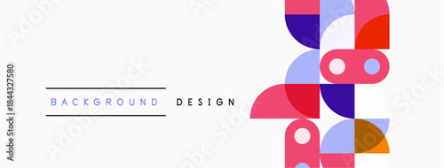 Abstract geometric shapes overlap, creating colorful background design. Minimalist style with blue, pink, purple hues. Clean presentation.