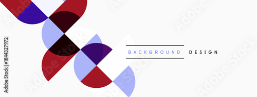 Abstract geometric shapes overlap, creating dynamic visual interest. Minimalist design with red, purple, blue hues on white backdrop.