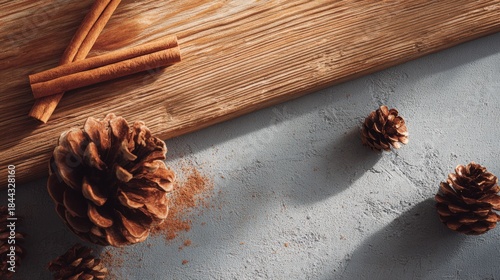 Cedar wood surface with scattered cinnamon sticks and pine cones, warm lighting, textured details