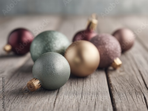 Christmas ornaments on a matte wooden surface, gentle falloff lighting, macro realism, subdued color palette