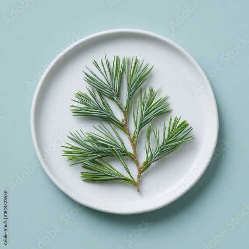 Frosted pine needles arranged in a geometric pattern on white ceramic plate