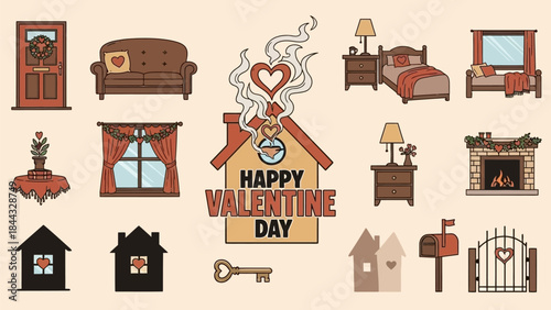 Valentine's Day themed home and furniture illustrations on beige background