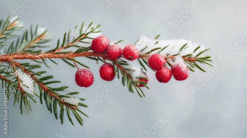 Snow-covered evergreen branch with berries on a plain gray backdrop, crisp textures, high dynamic range