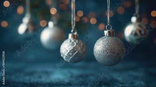 Silver Christmas tree ornaments hanging against a velvet backdrop, bokeh foreground, high-resolution still life
