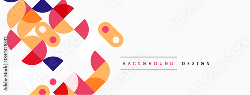 Abstract geometric shapes overlap, creating vibrant background. Minimalist design features orange, purple, pink hues. Clean aesthetic.