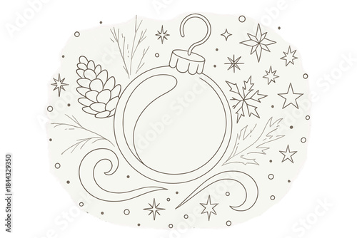 Creative coloring page of a Christmas ornament surrounded by festive elements like stars and pine cones for holiday fun