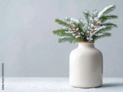 White ceramic vase with evergreen sprigs, snowy accents, clean studio backdrop, ultra-realistic