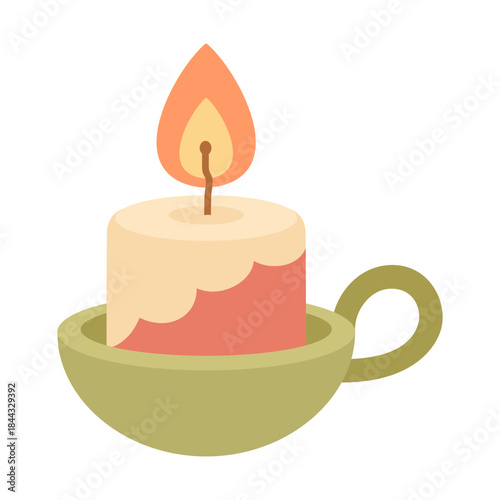 burning candle with in candlestick, bright yellow flame, item for divination, holiday poster,  flat vector icon