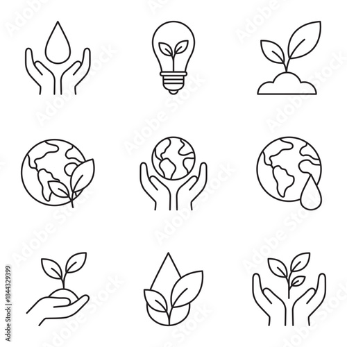 Ecology and Nature Conservation Icons Set. Environmental Protection and Sustainable Development Symbols