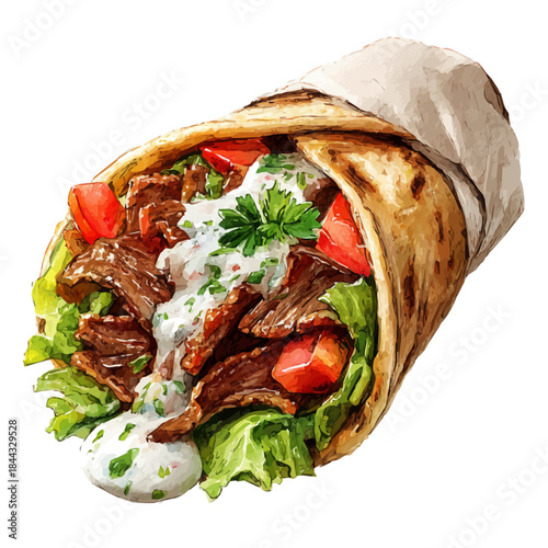 Beef Shawarma in watercolor style, vector illustration, isolated on white background.