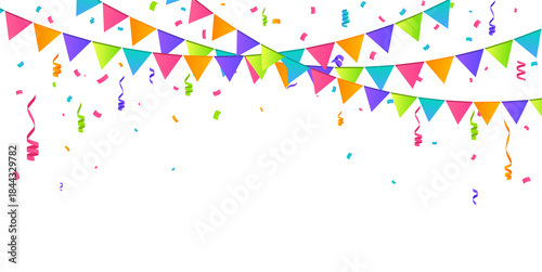 Colorful party bunting flags with confetti and streamers